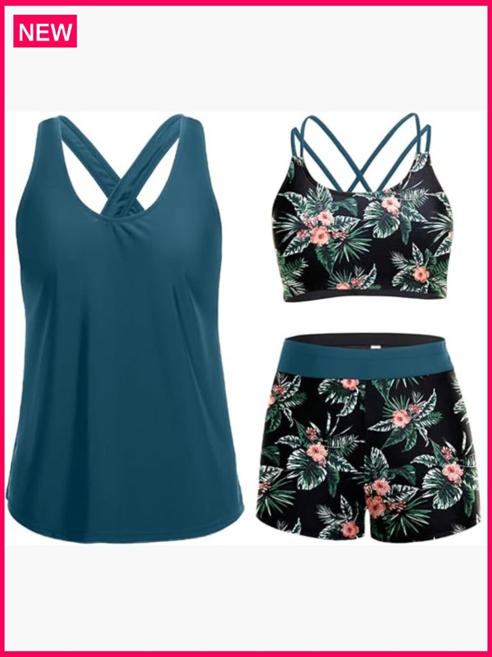 3 Piece Tankini Swimsuit Tummy Control Modest Swim Top with Boy Shorts